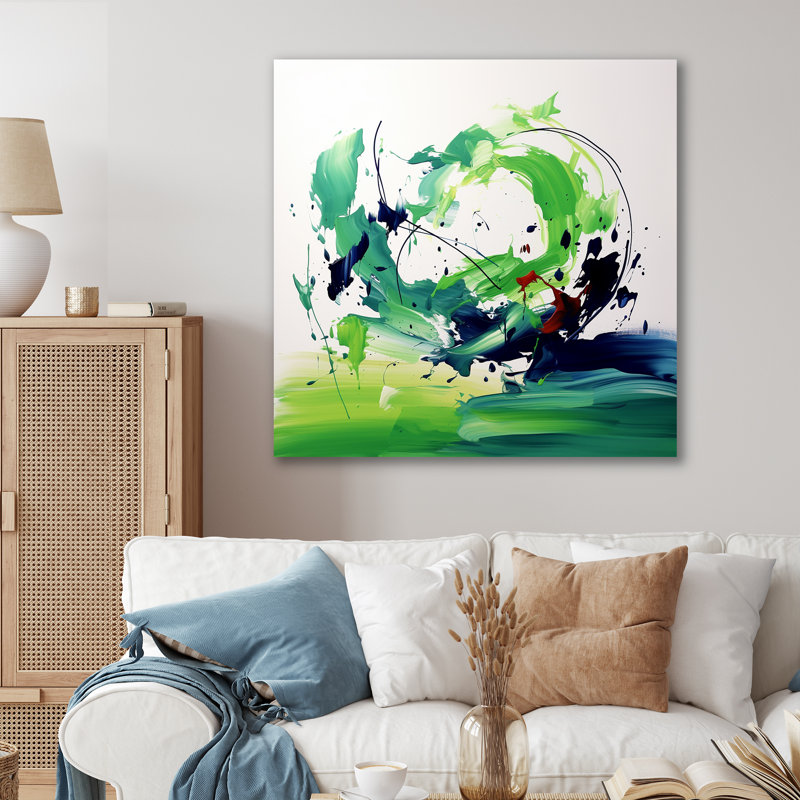 «Green and White Abstract Ink Expression II», art mural abstrait, H 30 po x l 30 po x P 1,5 po, Toile tendue