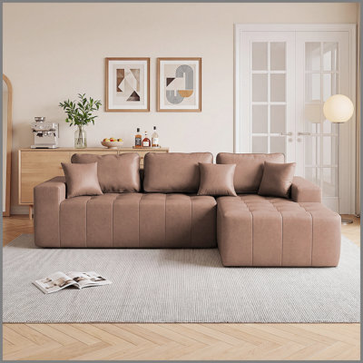 Faux Leather Corner Chaise Compression Sofa Bed, L-Shaped Sectional Couch with High-Density Sponge, No-Assembly Required Convertible Sofa for Living Room, Apartment, Guest Room(Brown)