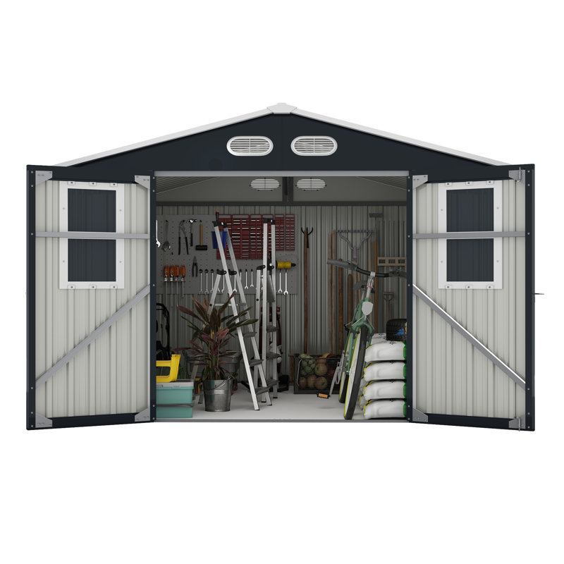 Remise de rangement robuste pour l'extérieur avec film protecteur, quatre fenêtres et portes verrouillables sécurisées, Gris