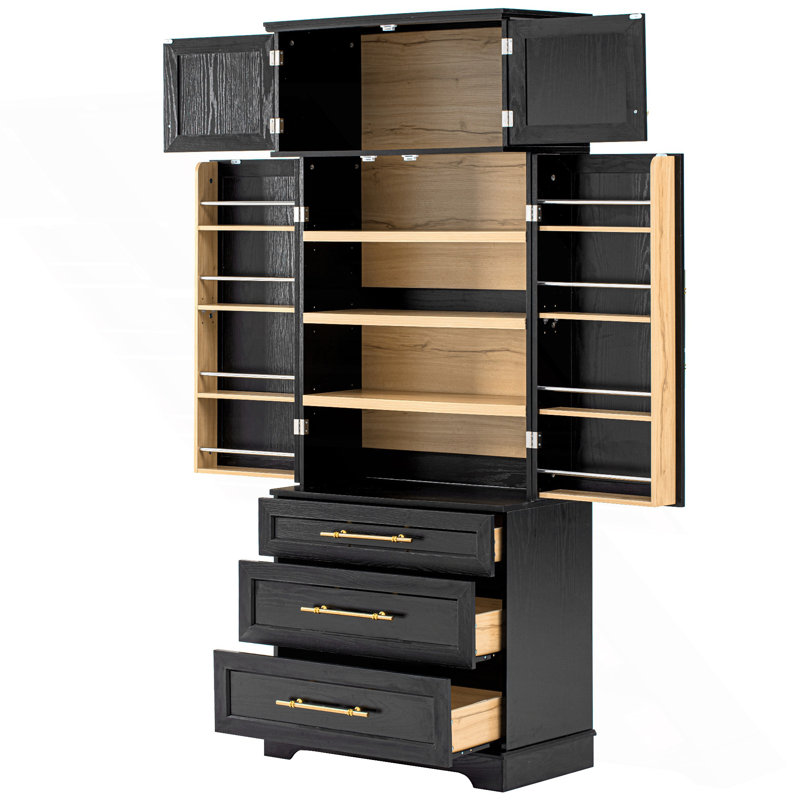 Grand garde-manger de style campagnard avec 8 tablettes de porte, armoire de rangement avec 3 tablettes réglables, Noir
