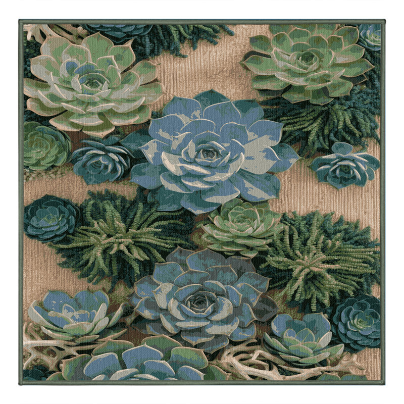 Washable Seaside Succulents Coastal Area Rug, Square 4'