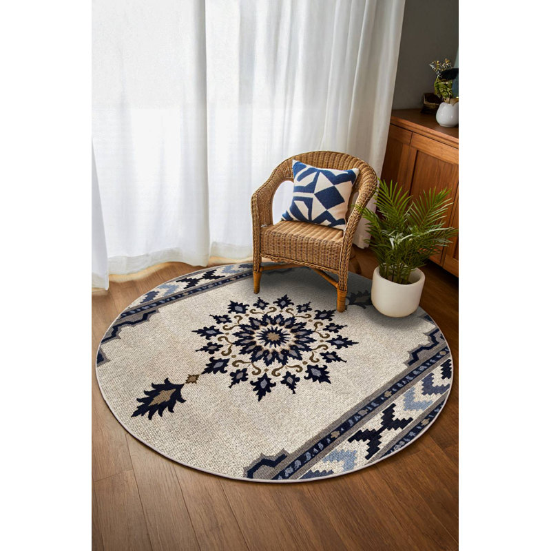 Lydia Collection Digital Print Cotton-Polyester Beige Navy Blue Moroccan Rug, Round 3'4"