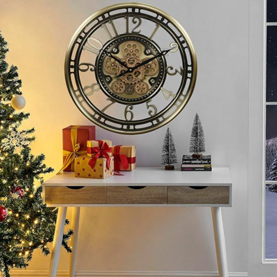 CLXEAST Industrial Moving Gears Wall Clock,Modern Farmhouse Arabic Numeral Battery Operated Silent Wall Clock For Living Room Decor,Brushed Gold (21 Inch)