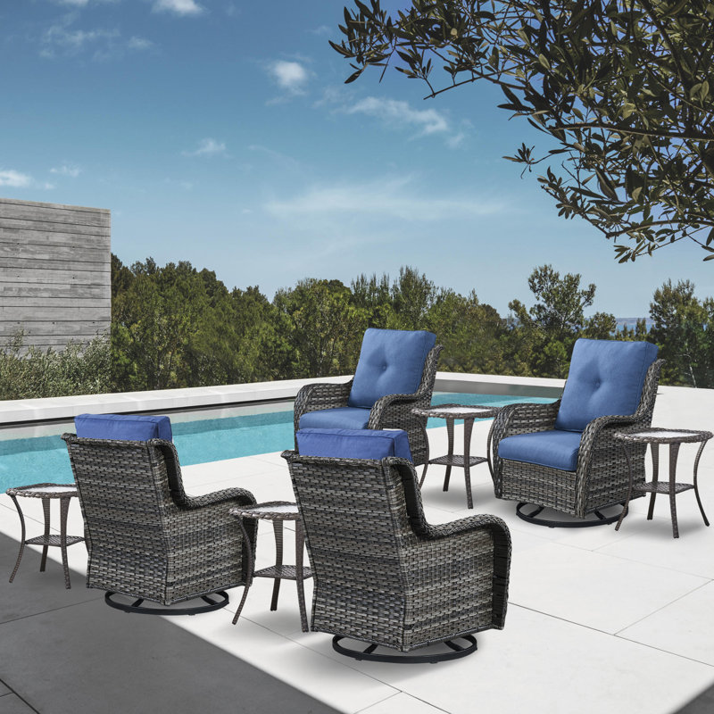Ensemble de conversation à chaises multiples avec coussins et tables d'appoint 8 pièces Schutt, Bleu, gris