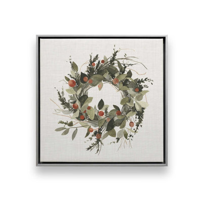 Impression sur toile « Couronne de Noël aux baies II » (40,6 cm x 40,6 cm) dans un cadre blanc