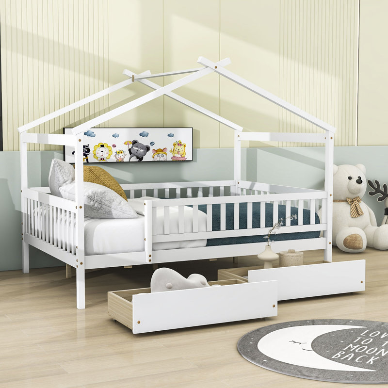 Lit en bois en forme de maison, Double, Blanc