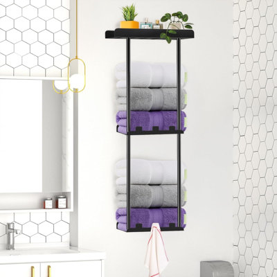 Towel Holder Bathroom Towel Storage Wall Mounted Towel Rack with Shelf Can Holds 6 Large Towels, Wall Towel Rack for Rolled Towels, Black