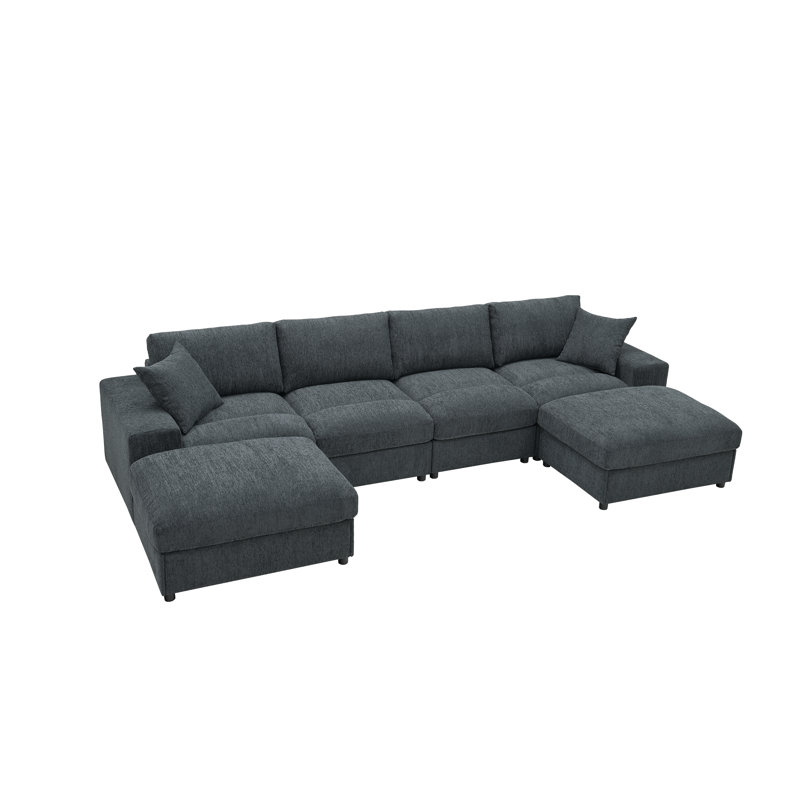 Canapé modulaire réversible avec repose-pieds Anchoretta, Chenille gris-bleu