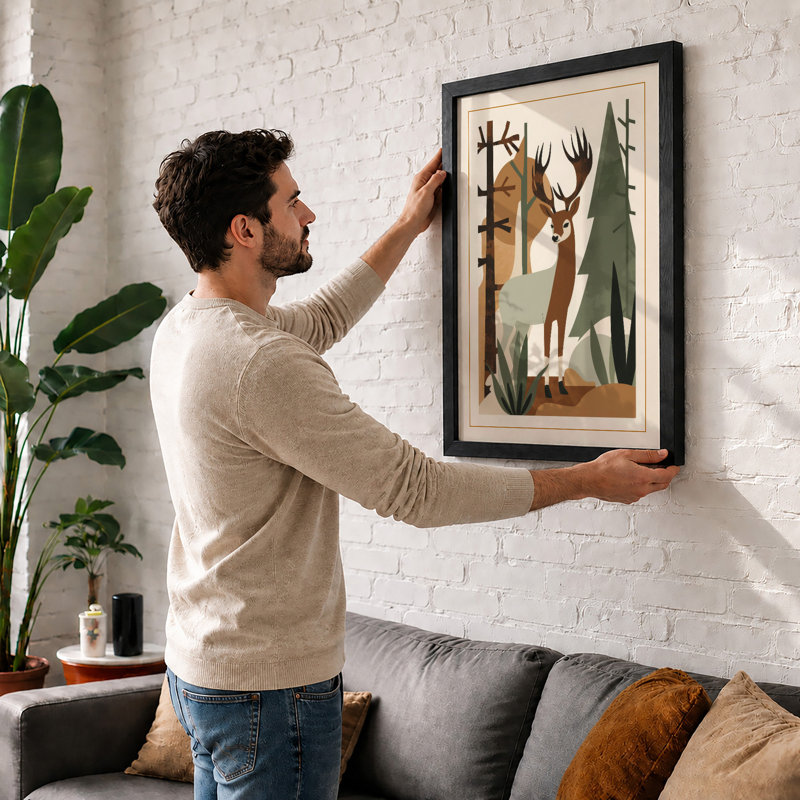 Woodland Deer Mid-Century - Framed Print, Walnut, A4 - 29.7 x 21.0 cm