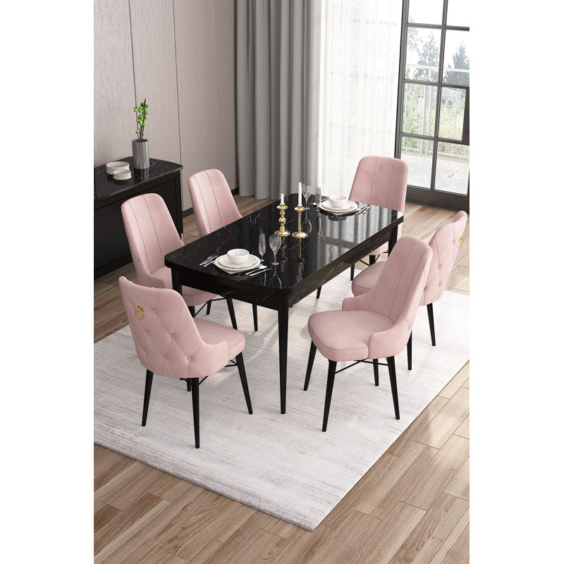 Ensemble de table et chaises de salle à manger moderne extensible (7 pièces), marbre noir et rose, 51,2 x 30,7 x 31,5 pouces (fermé) | 66,9 po x 30,7 po x 31,5 po (ouvert) | 100% panneau de fibres à densité moyenne avec structure en contreplaqué et tissu Babyface | Élégant et fonctionnel pour des espaces de salle à manger glamour