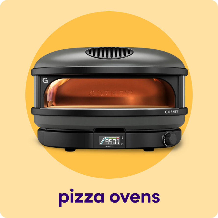 A modern black Gozney portable pizza oven with an illuminated interior and digital temperature display.