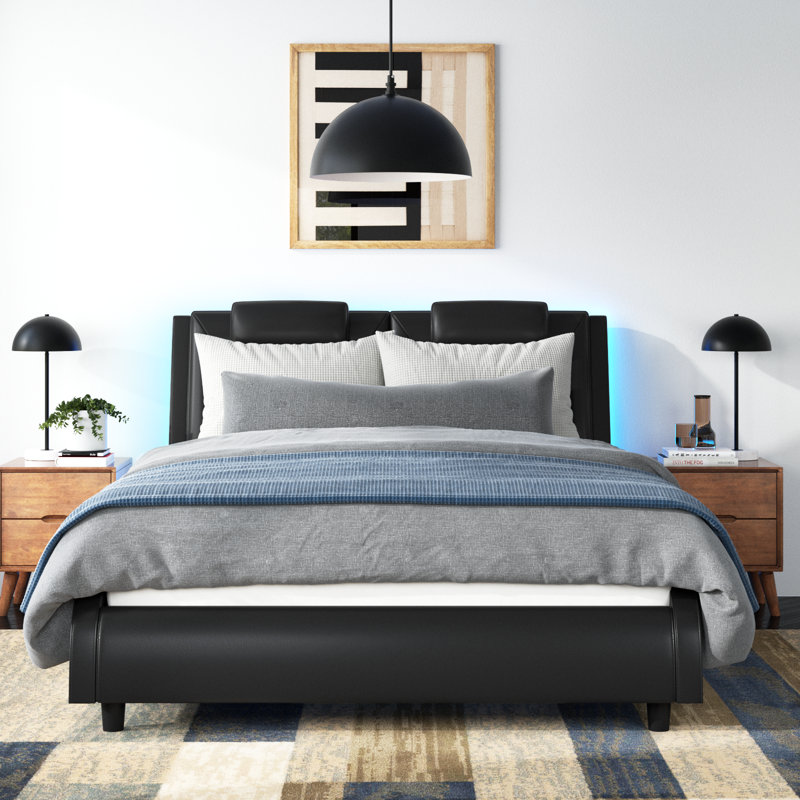 Belarmina PU Upholstered Low Profile Platform Bed with LED Light, White, Queen