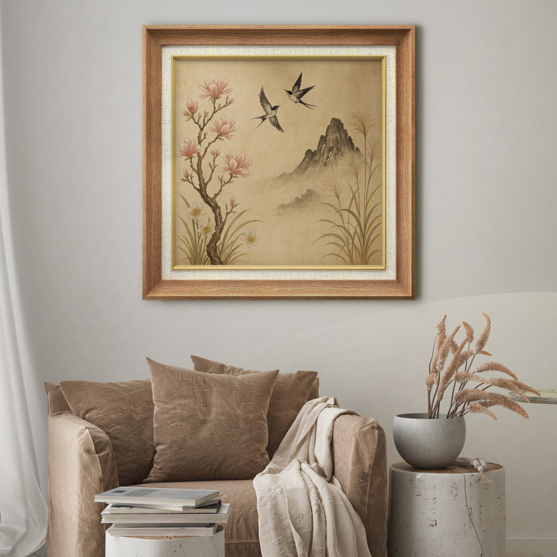 «Magnolia and Swallows with Mountain Reed», reproduction d'art sur papier encadrée, H 26 po x l 26 po x P 1,5 po
