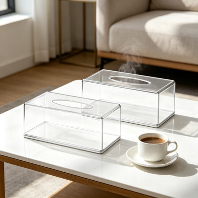 Acrylic Tissue Box Holder 2 Pack, Clear Rectangular Tissue Cover for Medium Loose Tissues, 10.2 x 5.5 x 4.3 Inches, Splash-Resistant Organizer for Bathroom, Bedroom, Office, Kitchen and Desk