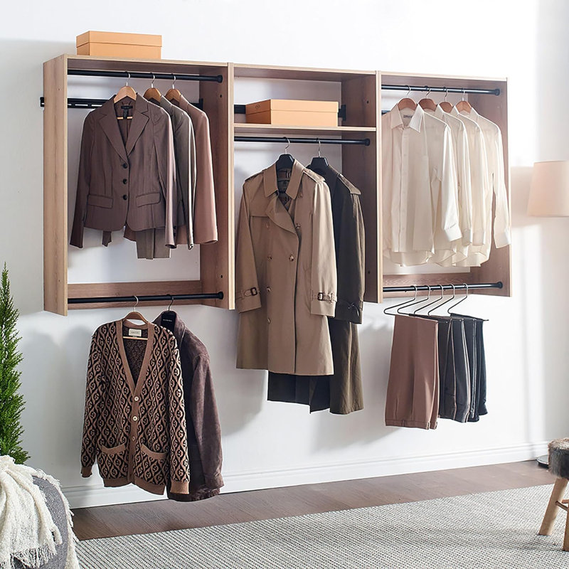 31.5 to 94.5in W Oak Modular Wall Mount Closet with Double Rods and 1 Shelf, Oak Wood