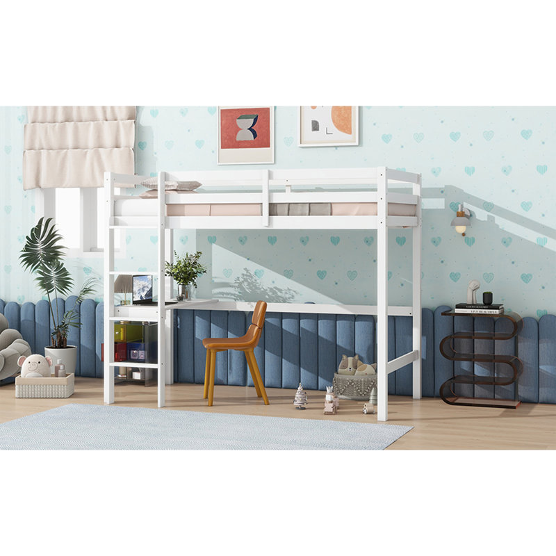 Twin High Loft Bed, Rubber Wood  Loft Bed With Safety Guardrail, Built-In Desk, Ladder,White, White