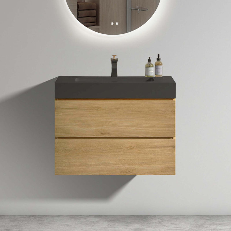 Grand meuble-lavabo mural moderne avec lavabo une pièce sans drain ni robinet, Noir, Brun