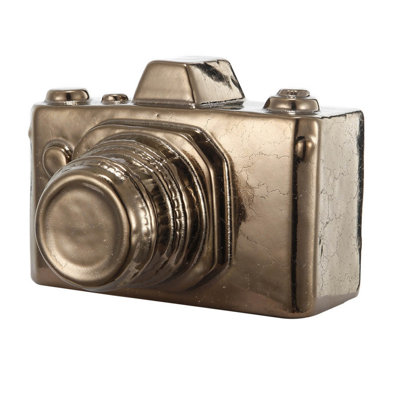Benzara 6 Inch Decorative Camera Sculpture Accent, Distressed Gold Ceramic Finish