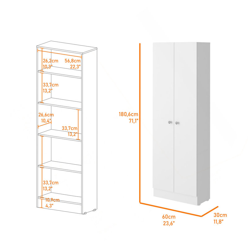 Virginia Double Door Storage Cabinet, Five Shelves, White