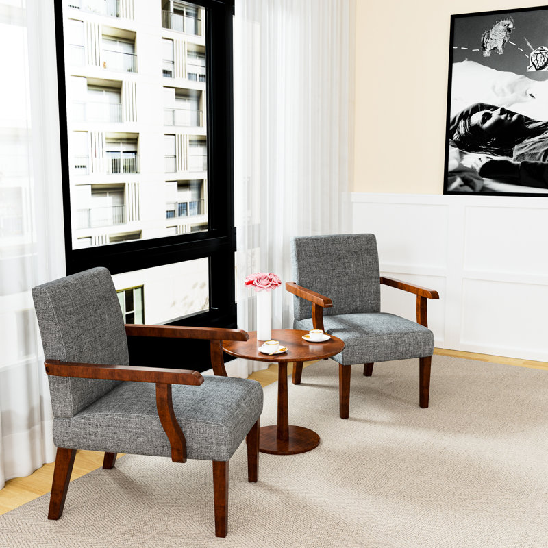 Classic Fabric Accent Arm Chair And Round Table - Grey Tone Contemporary With Solid Wood