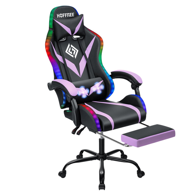HOFFREE Gaming Chair With LED RGB Lights Massage Video Gamer Chairs With Footrest Ergonomic High Back Reclining Computer Chair With Adjustable Lumbar Support