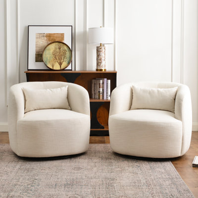 Ivory 34" Wide Textured Linen Weave Upholstered Swivel Barrel Chair (Set Of 2)