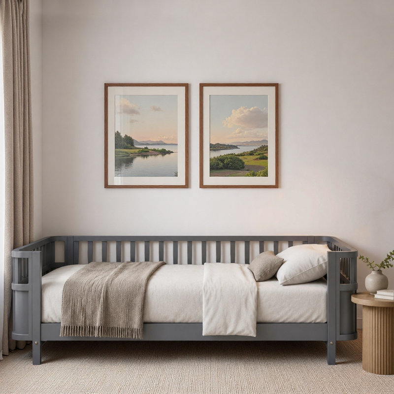 Lit pour enfant à profil bas avec coin arrondi lisse et support en lattes de bois, Lit simple, Gris