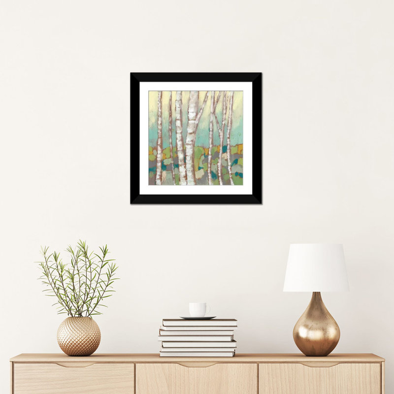 « kaléidoscope birches ii », impression sur toile, H 24 po x l 24 po x P 1 po, Papier d'art encadré noir, Blanc