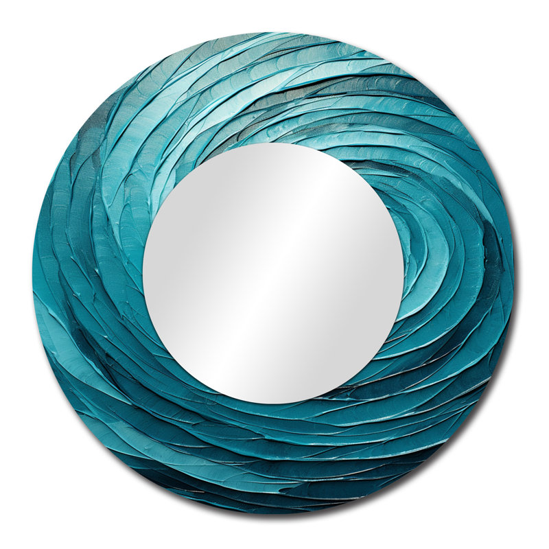 Teal Twisting Tranquility Spiral II - Abstract Spirals Mirror, Blue Round Unique Wall Mirror, Printed Metal Art, 29" x 29"