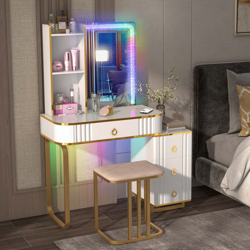 Mercer41 Vanity Table Set With Rgb Led Lights Crystal Crush Diamond Mirror Drawers White