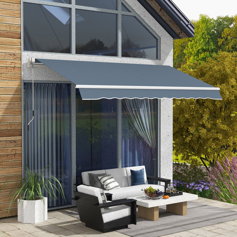 Auvent de patio rétractable 12 'x 10'. Manivelle manuelle et tissu à l'eau. Cadre en aluminium pour différentes surfaces et environnements. Gris anthracite - avec manivelle silencieuse, balcon, cour,