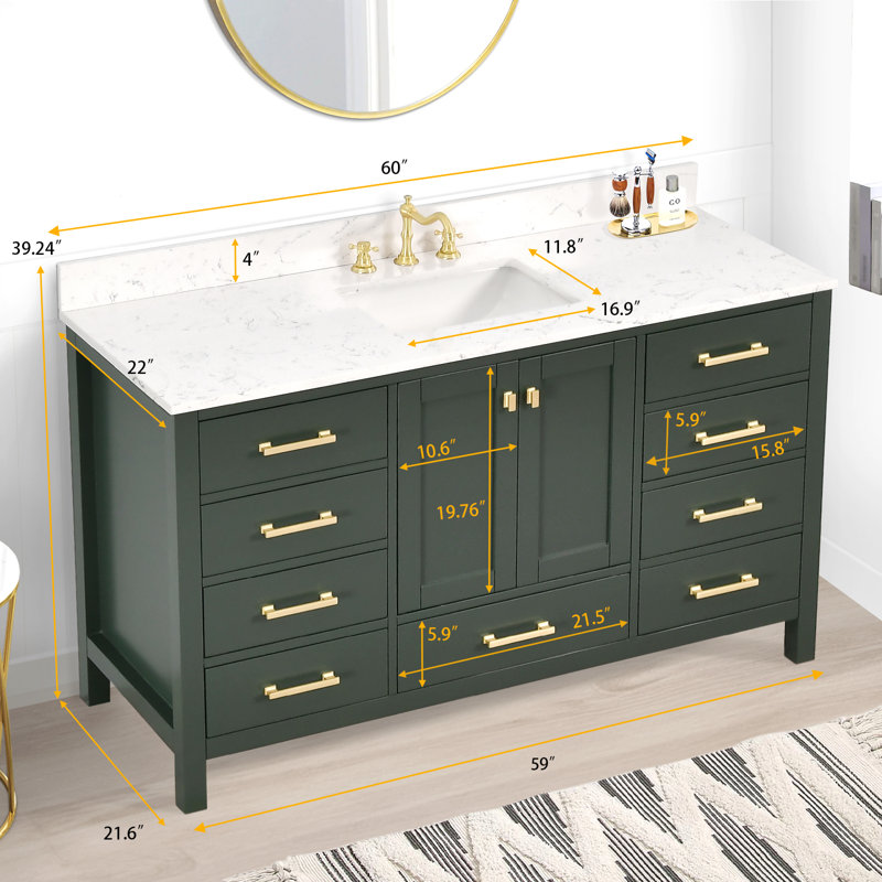 Zenith 60'' Single Bathroom Vanity With Engineered Stone Top, Brushed Gold, Green