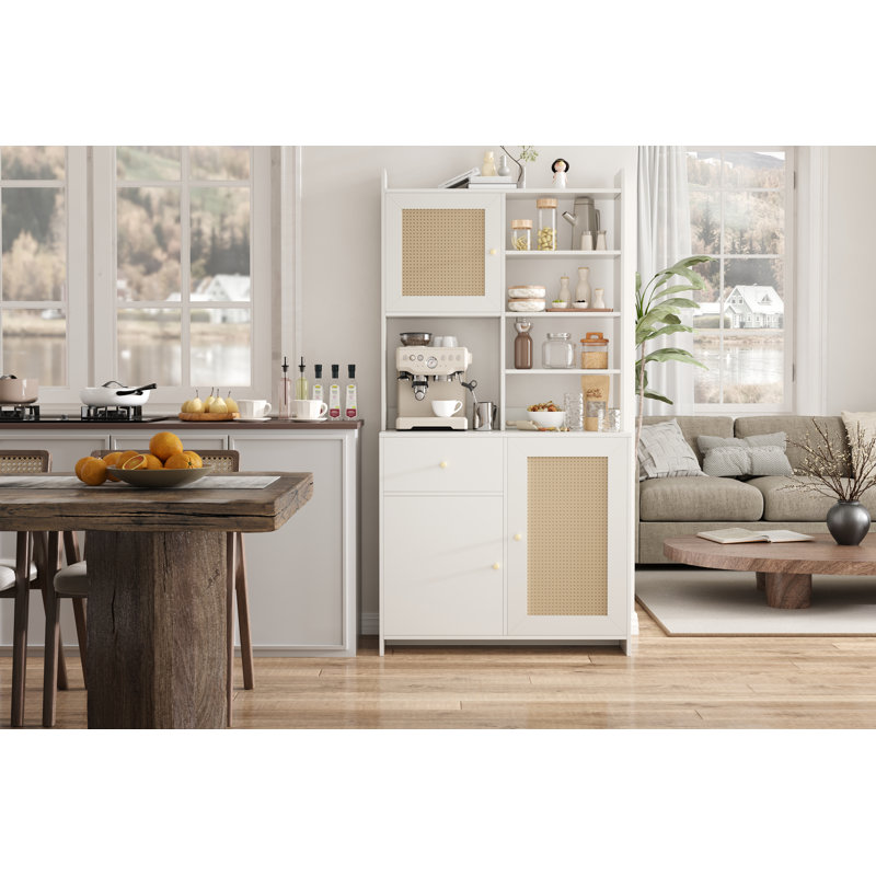 71" Tall Kitchen Pantry Cabinet, Farmhouse Hutch with Microwave Stand, Buffet w/ Rattan Doors & Drawers, White, White
