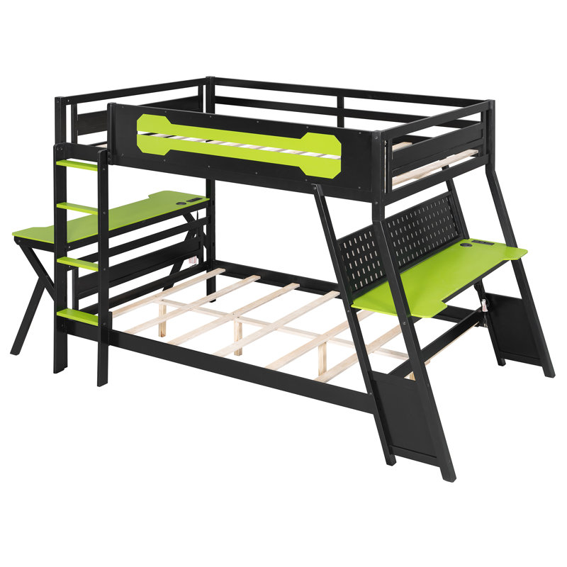 Modern Bunk Bed With Two Computer Desks, Power Outlets And Pegboard, Full over Full, Green