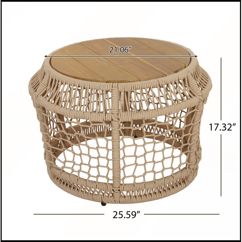 Table d'appoint ronde en bois d'acacia avec structure en corde tressée et plateau de finition en teck. Poids : 68 kg. Sans assemblage. Résistante aux intempéries.