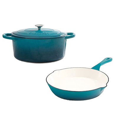 Crock-Pot 5 Quart Enamel Cast Iron Covered Dutch Oven Bundle With Skillet, Teal