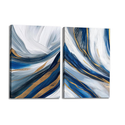 Abstract Canvas Wall Art Watercolor Blue Gold Painting Modern Metallic Ink Artwork Framed for Living Room Office Ready To Hang(Artwork-5,12"x16"x2pcs)