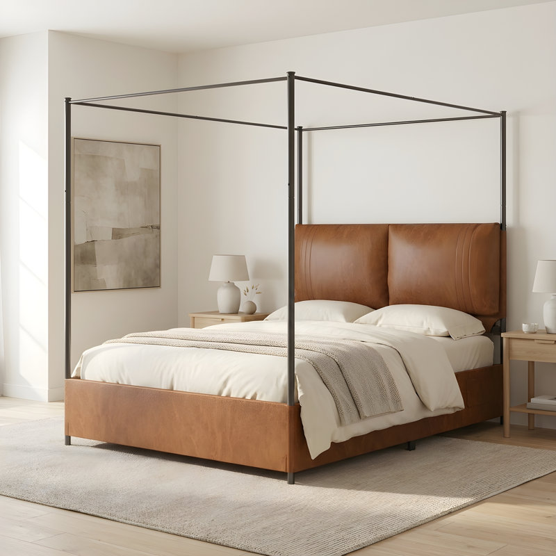 Cognac-Brown Faux-Leather Queen Canopy Bed with Dark Metal Frame