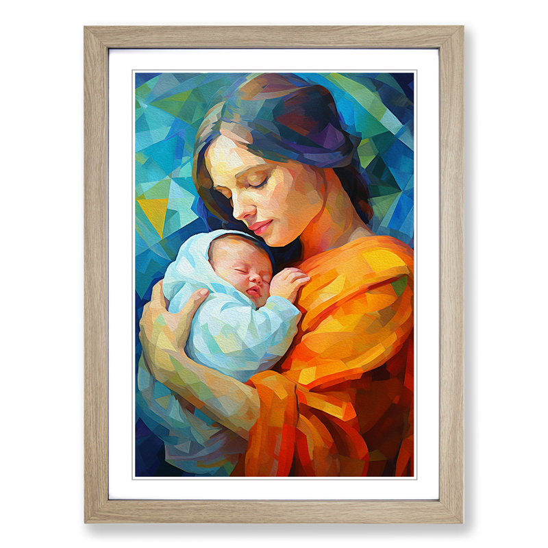XYZ-FRM-V1223-4566 Mother And Baby Modern - Single Picture Frame Print on Wood, 34cm H x 25cm W x 2cm D, Oak 