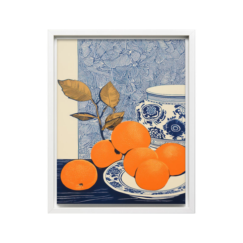Oranges et vase bleu, Canevas, H 24 po x l 32 po, Encadrement blanc