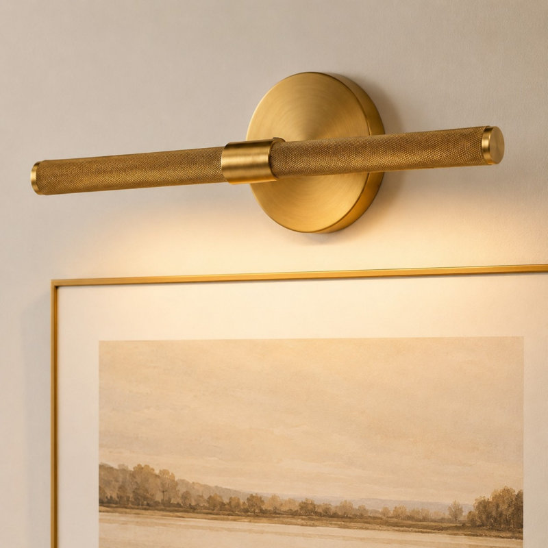 Lampe pour tableau 18 po à 2 lumières à intensité variable en laiton câblé avec barre moletée rotative à 360 ° et ampoules DEL E12 incluses
