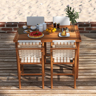 Ensemble de bar 6 pièces pour l'extérieur, table de bar en bois d'acacia, 4 tabourets avec coussins de couleur beige |  Ensemble de bar de salle à manger à pieds réglables en bois pour la cour, le bord de la piscine et le balcon