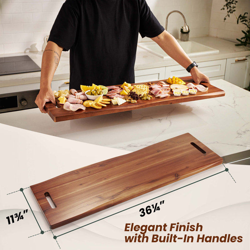 36" Large Acacia Wood Charcuterie Board With Handles - Extra Long Wooden Serving Cheese Boards - Rectangular Serving Platter