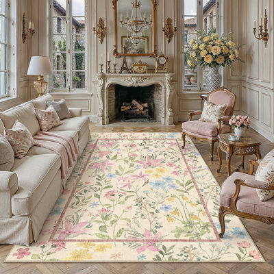 Cherry Modern Floral Machine Washable Area Rug with Non-Slip Backing