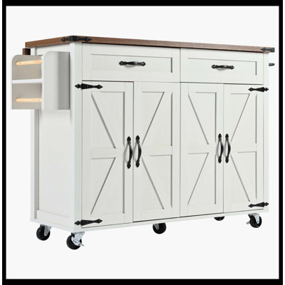 53.5" Farmhouse Kitchen Island With Power Outlet, Drop Leaf, Spice Rack & Drawer, Rolling Kitchen Cart For Kitchen & Dining Room, White