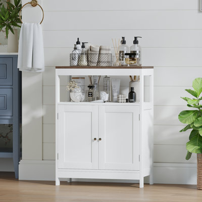 Modern Storage Cabinet with Double Doors, Free-Standing Bathroom Cabinet with Adjustable Shelf and Natural Wood Top, Multi-Purpose Organizer for Kitchen, Living Room, Bathroom or Entryway – White