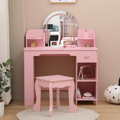 Coiffeuse pour enfants avec miroir lumineux et tabouret, bureau réglable à DEL avec rangement pour filles de 3 à 9 ans