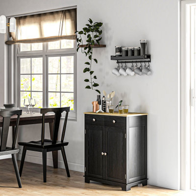 Buffet avec comptoir en bois massif pour la maison - en noir patiné avec 2 tiroirs, portes et tablette ajustable