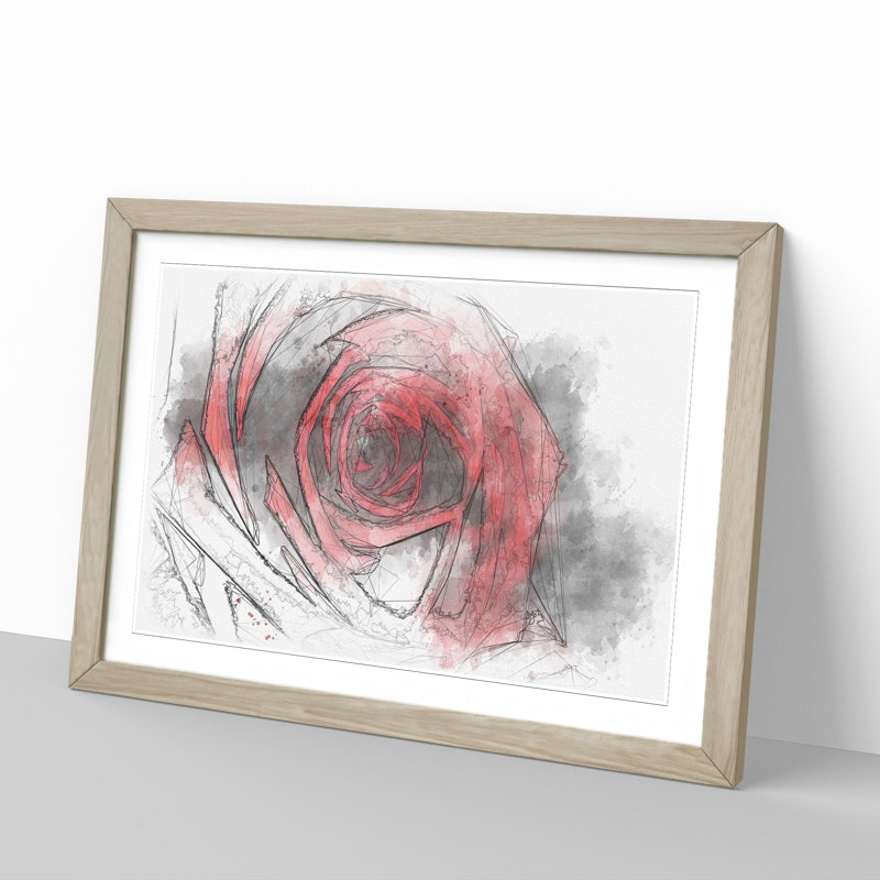 Red Rose Flower Vol.6 - Picture Frame Drawing, 65cm H x 90cm W x 2cm D, Oak Framed