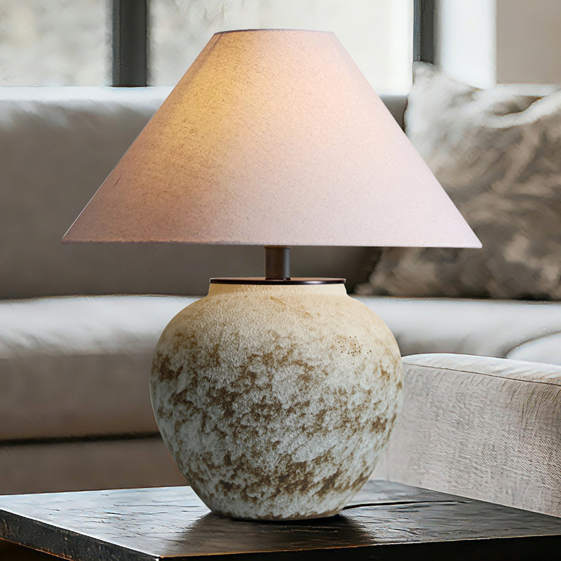 Handmade Rustic Ceramic Table Lamp With Linen Shade, Vintage Farmhouse Bedside Accent Lamp With Free LED Bulb